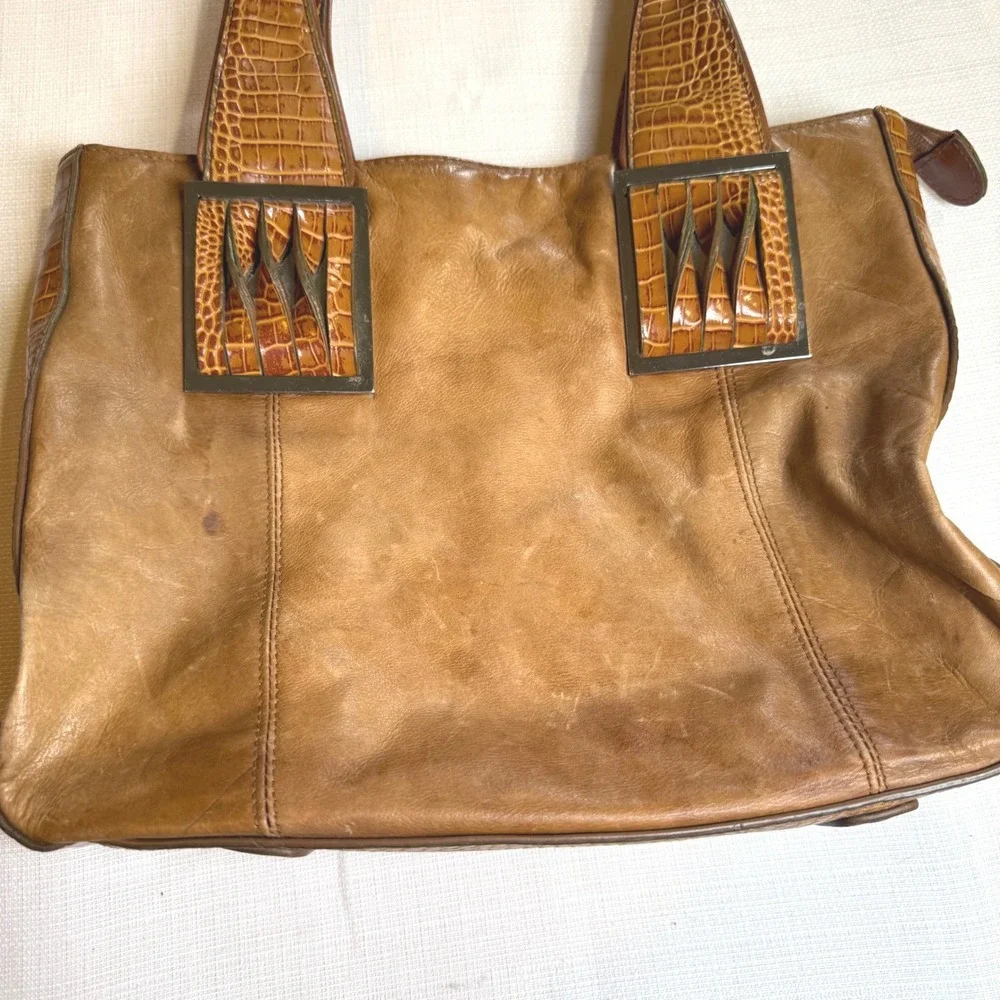 M.C. Vintage‎ Tan Leather Tote Bag Croc Embossed Shoulder Bag Cognac